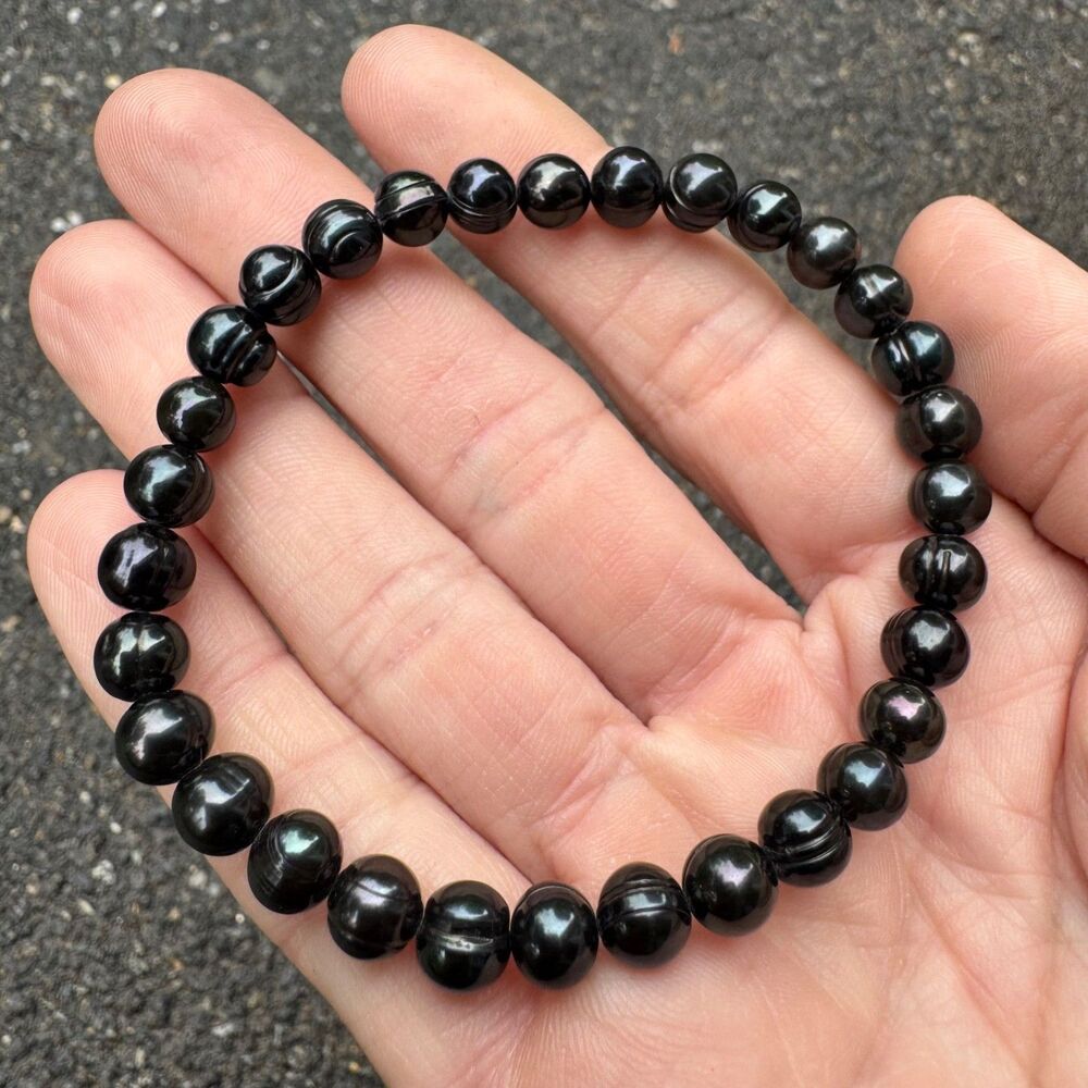 Vintage Honora Black Freshwater Pearl Stretch Bracelet, Round Ringed Iridescent